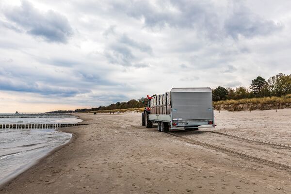 Strandkorbtransport am Strand